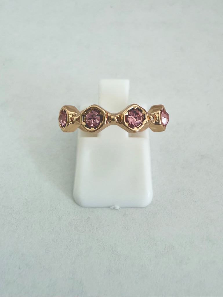 Bnib - Gold And Pink Cz Bezel Band Ring - 14k Gold Plated